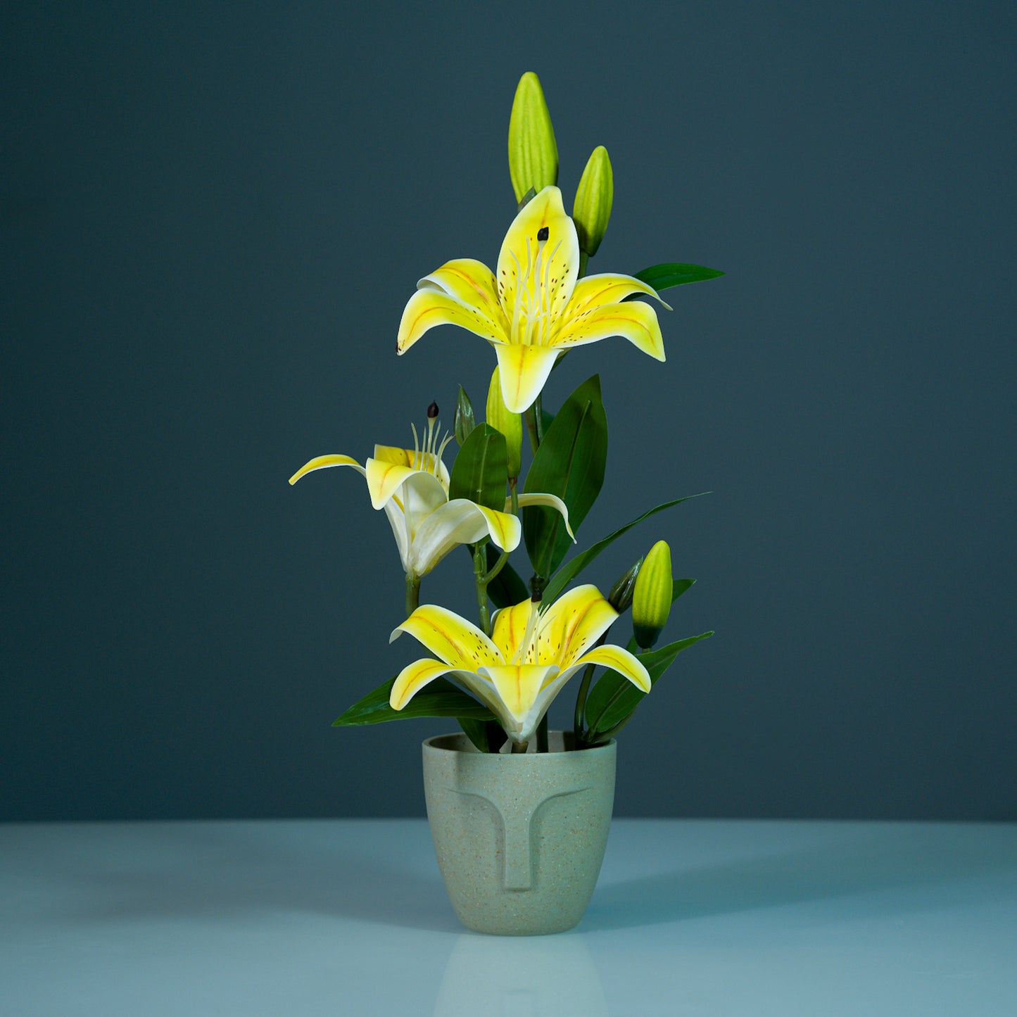 Yellow Tigerlily artificial flowers arrangement with pot