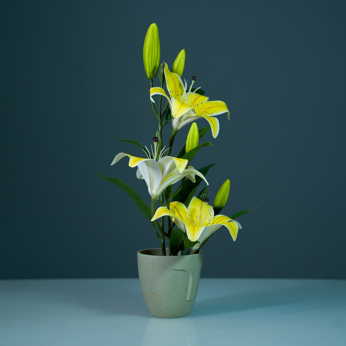 Yellow Tigerlily artificial flowers arrangement with pot