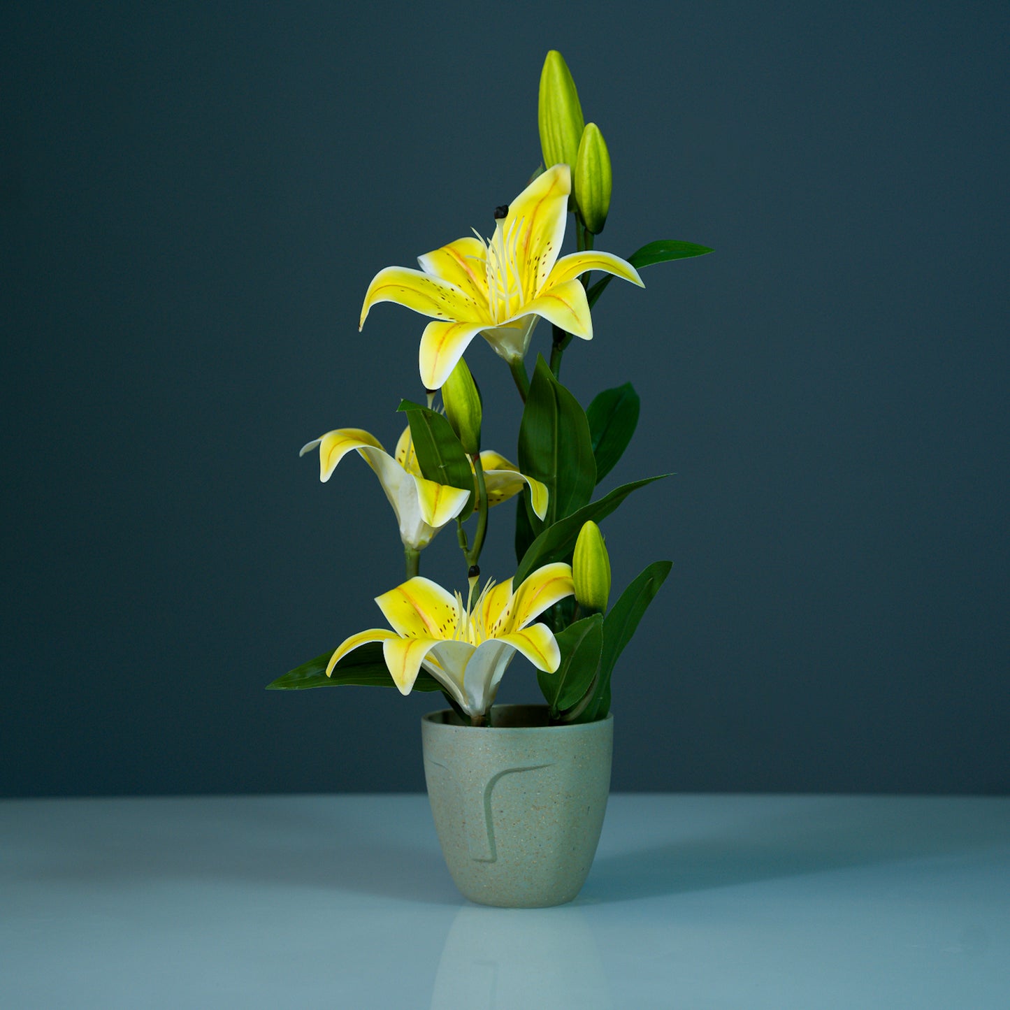 Yellow Tigerlily artificial flowers arrangement with pot